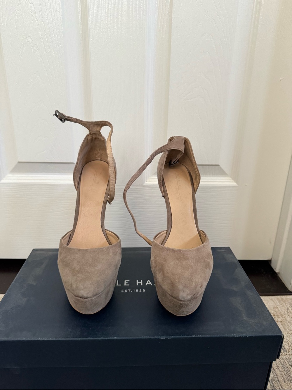 Zara Taupe Suede Platform Ankle-Strap Heels